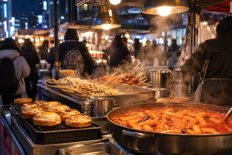 Tteokbokki and skewers at the night street food stalls of Myeongdong in Seoul