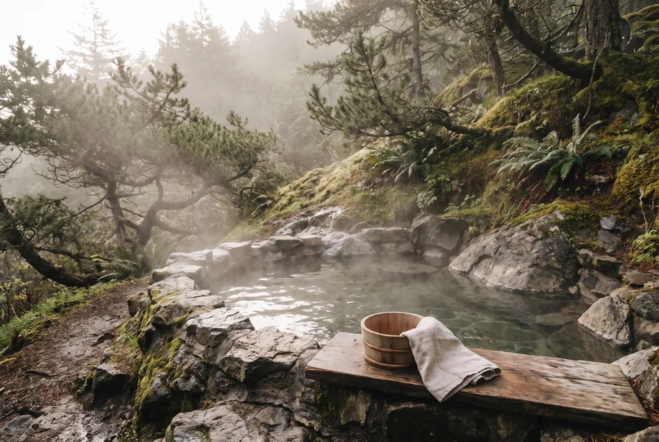 Stone open-air onsen pool in a misty forest in Nagasaki, visualization