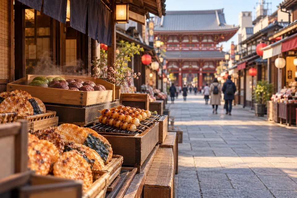 Rice crackers and dango on a stall along a lantern-lit temple approach; visualisation