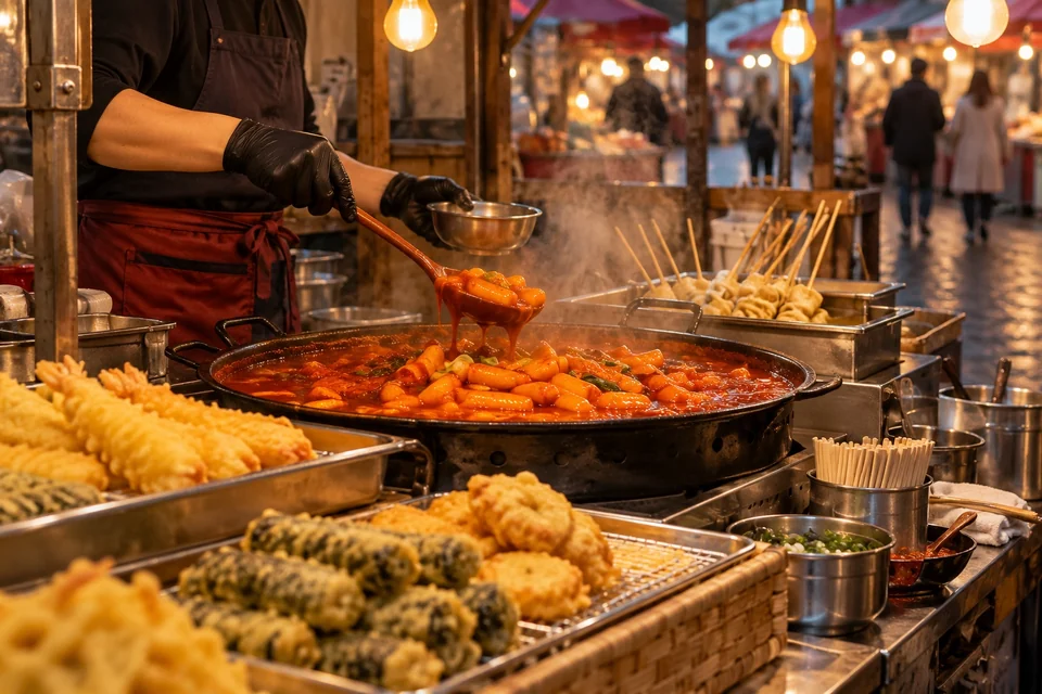 Evening market stall with tteokbokki and skewers; visualisation