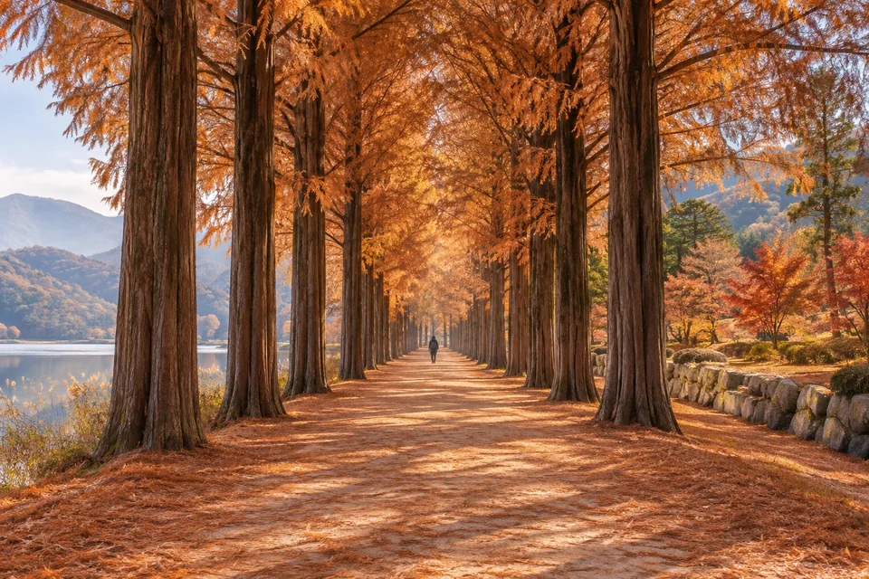 Straight lane lined with autumn metasequoia trees; visualisation
