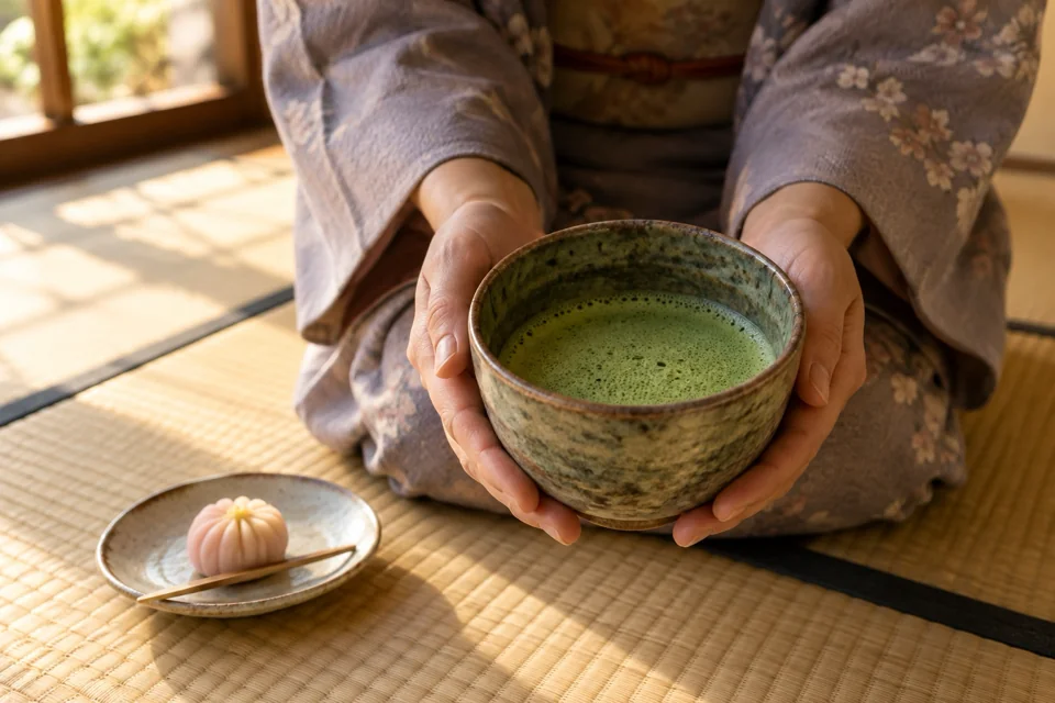 Bowl of frothy matcha offered in both kimono-sleeved hands, a wagashi sweet beside it