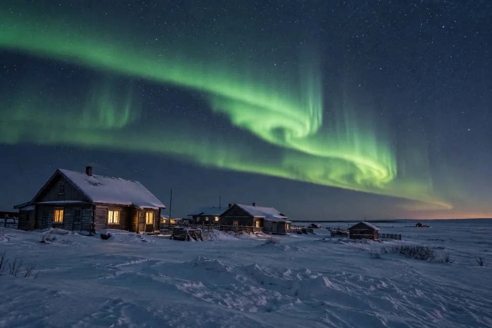 Green northern lights above snowy tundra and wooden houses near Naryan-Mar