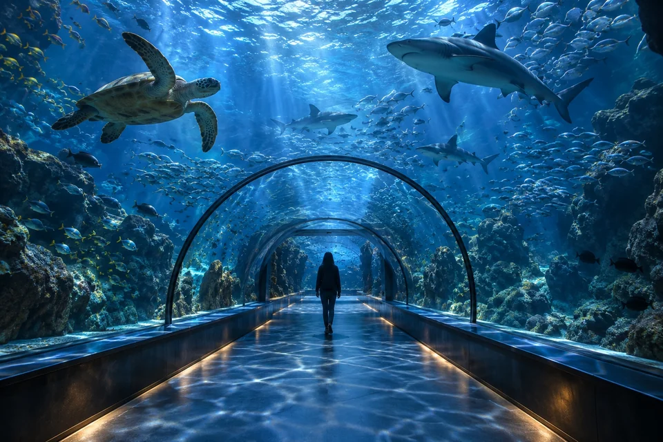 360-degree underwater tunnel with sharks and a sea turtle; visualisation