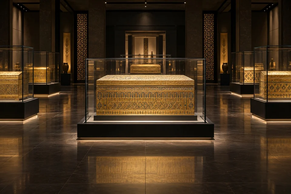 Gilded ancient sarcophagi in glass cases in a dim hall; visualisation