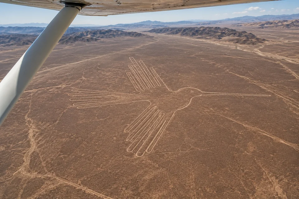 Small plane view of a giant hummingbird geoglyph on a desert plain; visualisation