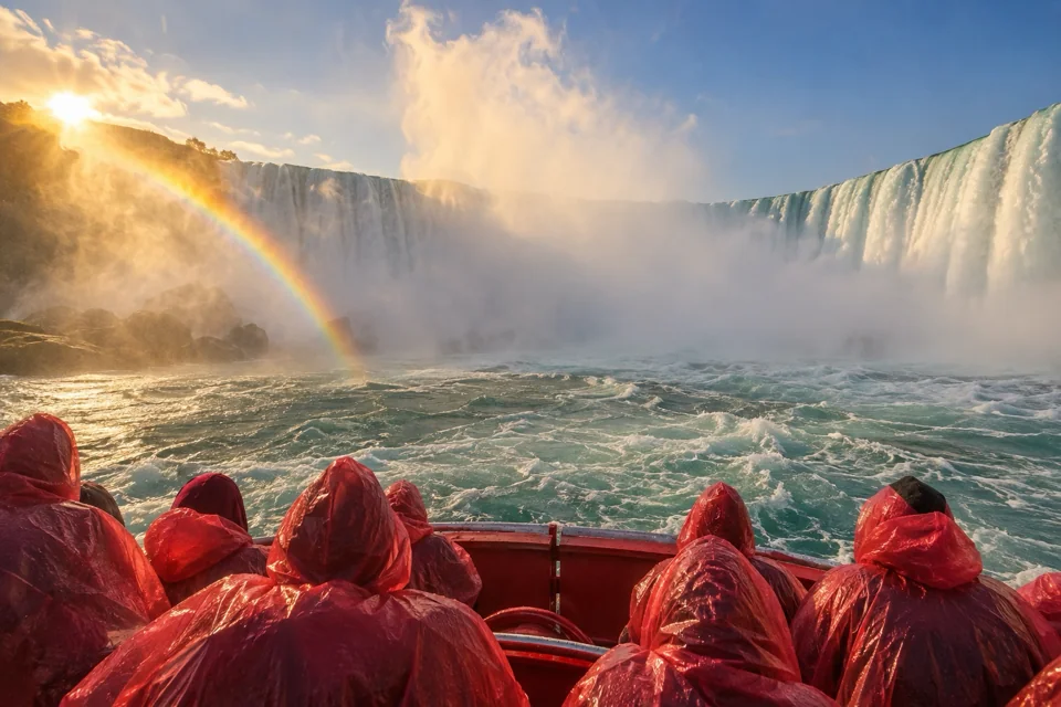 Tour boat approaching the Horseshoe Falls at Niagara through mist and a rainbow