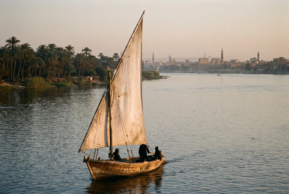 Felucca sailing on the Nile at sunset with Cairo in the distance, visualization