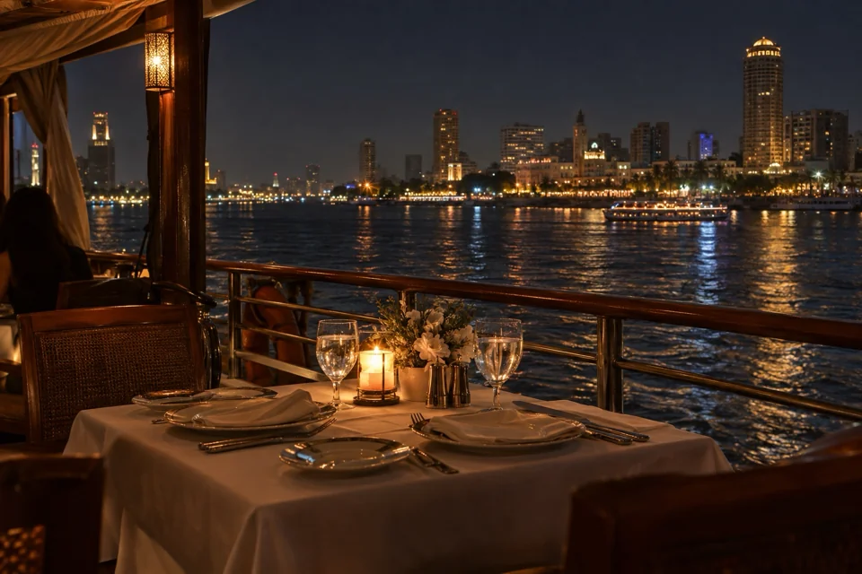 Candlelit table on a dinner boat on the Nile in Cairo with the lit city beyond