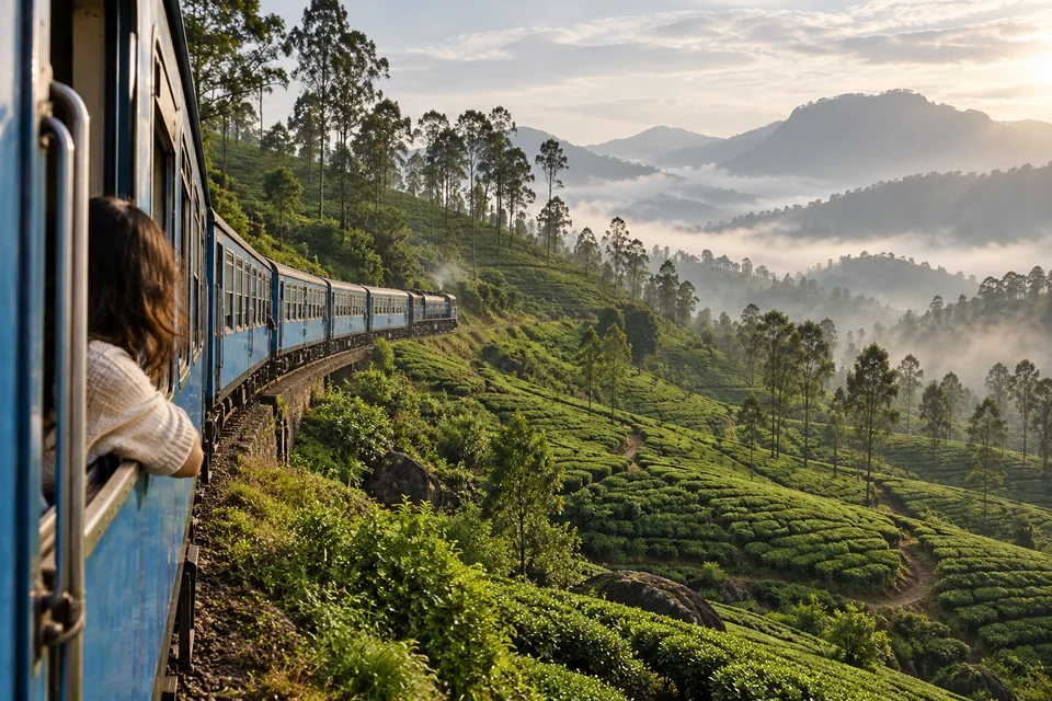 Blue train curving through misty tea plantations; visualisation