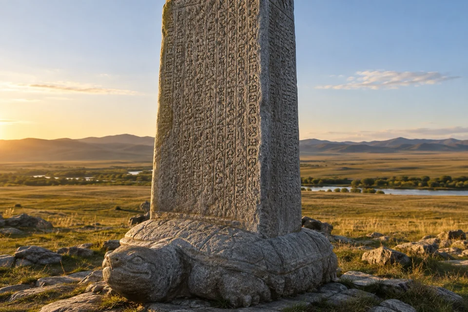 Stone stele carved in Old Turkic script on the Orkhon Valley steppe, the Orkhon Inscriptions
