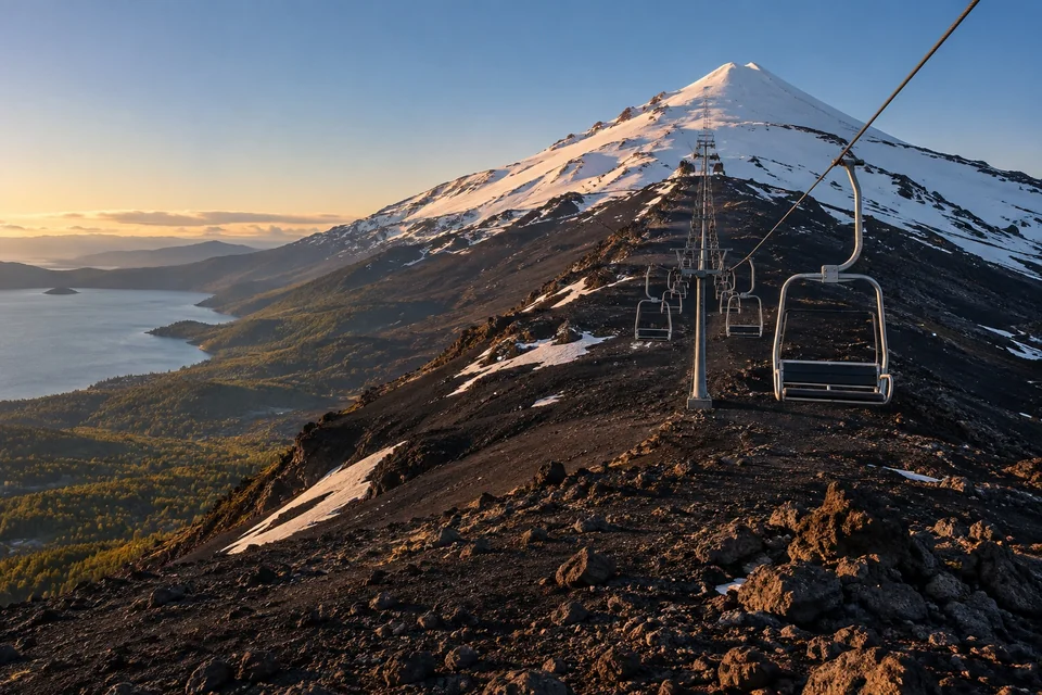 Chairlift on a volcanic slope toward a snow-capped cone; visualisation