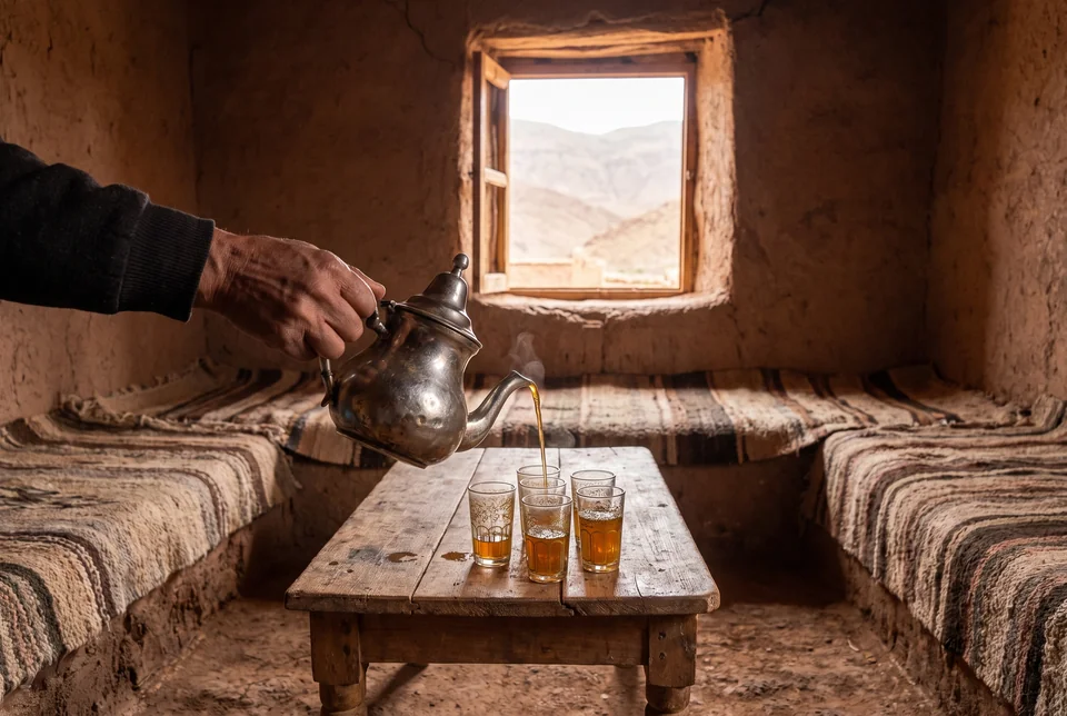 Mint tea poured into glasses in a Berber house in the Ourika Valley, visualization