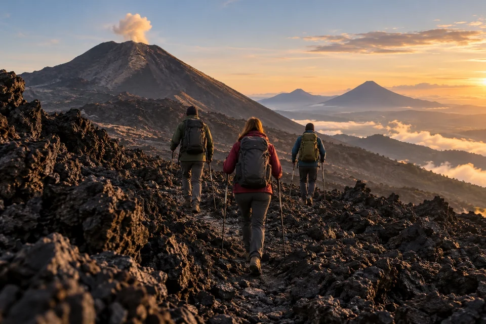 Hikers crossing black lava fields on a volcano, from behind; visualisation