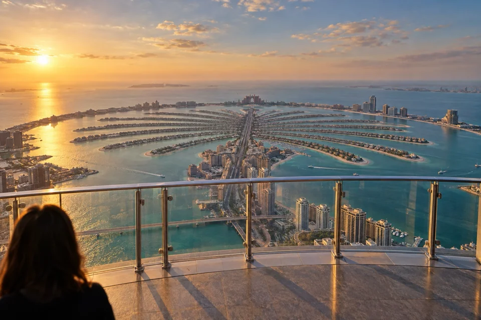 Palm Jumeirah at sunset through the glass railing of The Palm Tower observation deck
