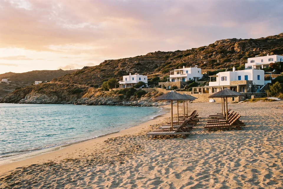 Sand, sun loungers and white houses on Paraga Beach at sunset, visualization