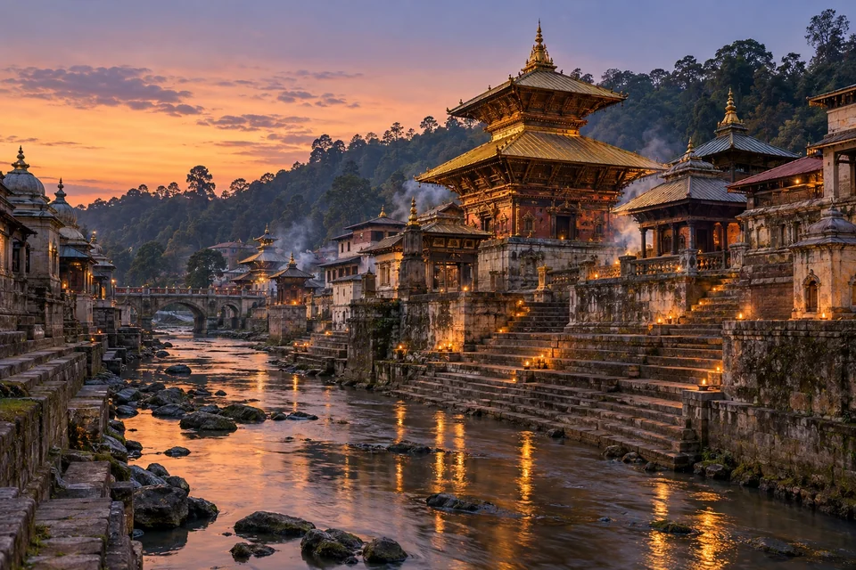 Golden-roofed pagoda temple above stone steps on a narrow river at dusk; visualisation