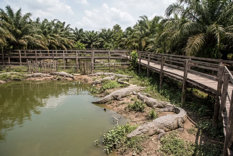 Wooden walkway and crocodiles resting on the bank at a Pattaya crocodile farm, visualization