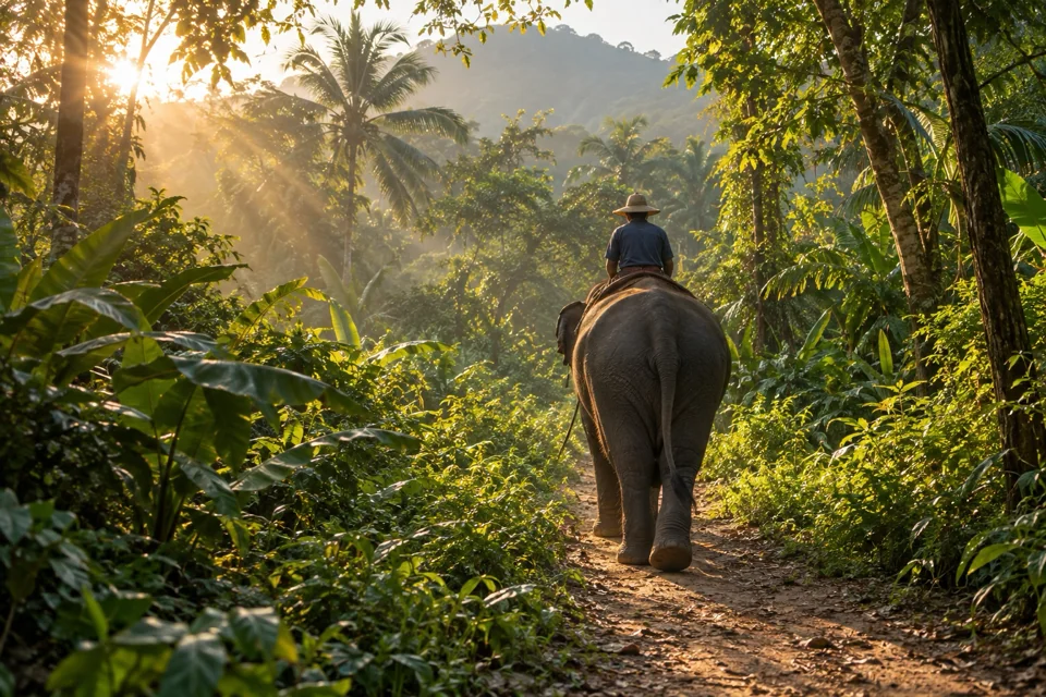 Elephant-back safari on a jungle path in Pattaya, the mahout seen from behind