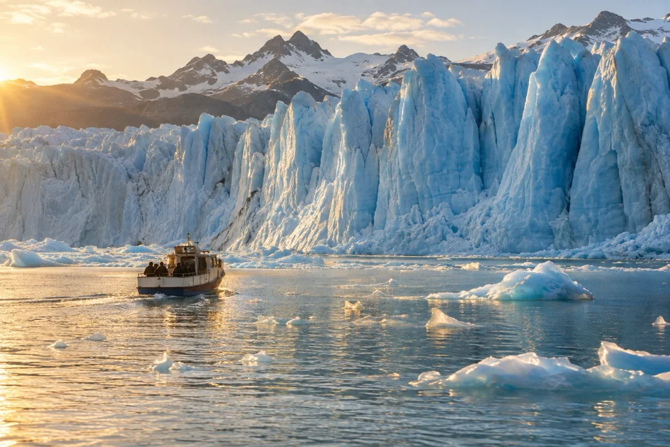 Small boat and floating ice before the blue ice wall of the Perito Moreno Glacier