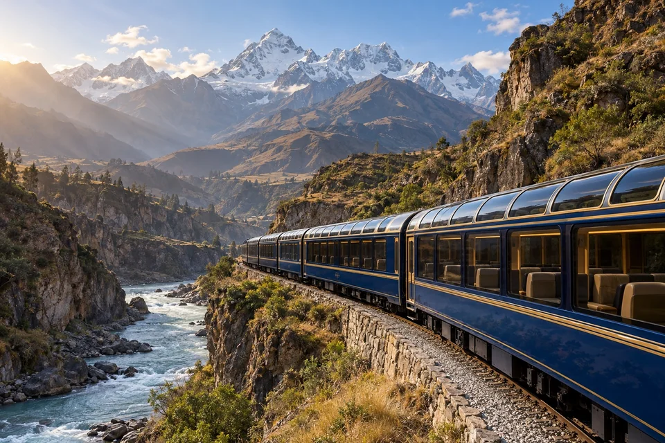 Blue and gold train winding through an Andean river gorge; visualisation