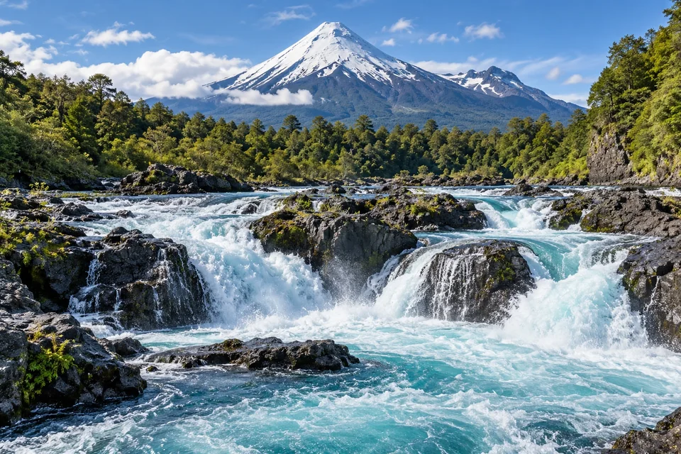 Turquoise water over black basalt with a snowy volcano behind; visualisation