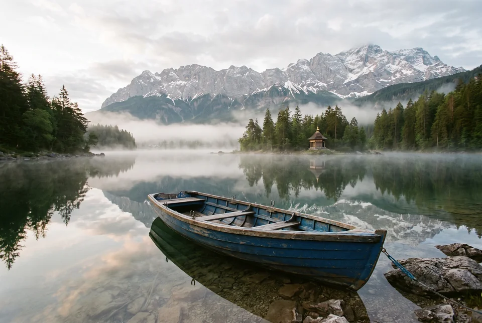 Blue wooden boat on misty Phewa Lake with the island temple in the distance, visualization