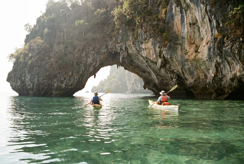 Kayaks passing under a limestone arch in the Phi Phi Islands, visualization