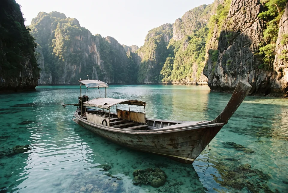 Longtail boat in a turquoise lagoon enclosed by limestone cliffs, Phi Phi Islands, visualization