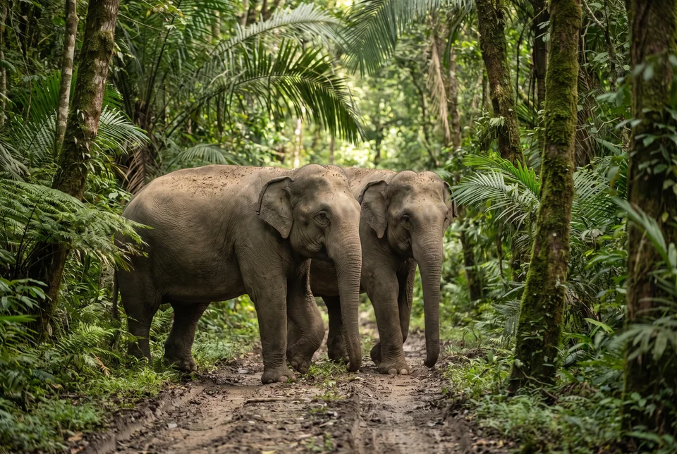 Two elephants walking through tropical rainforest in Phuket, visualization