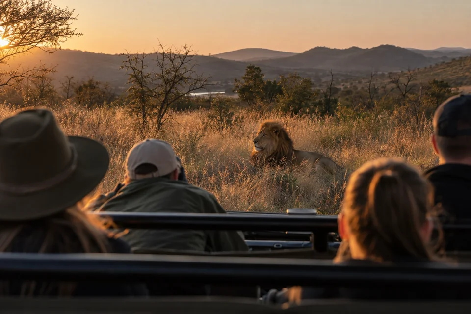 Lion resting in the grass seen from an open safari vehicle in Pilanesberg National Park