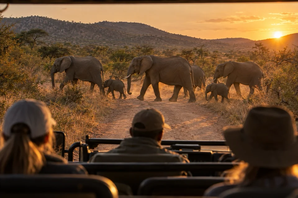Watching a herd of elephants from an open 4x4 safari vehicle in Pilanesberg National Park