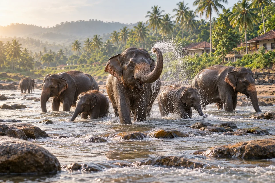Asian elephants bathing in a shallow river; visualisation