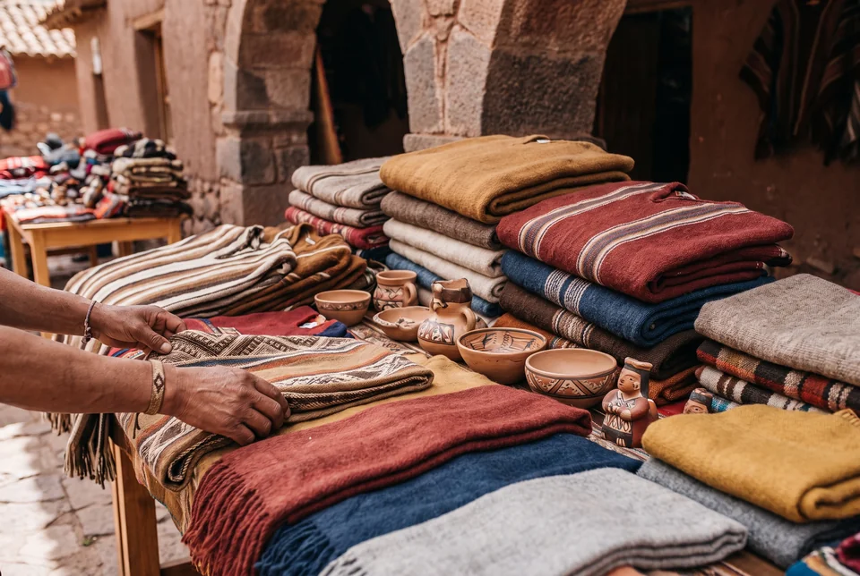 Handwoven blankets and clay bowls on a stall at the Pisac market, visualization