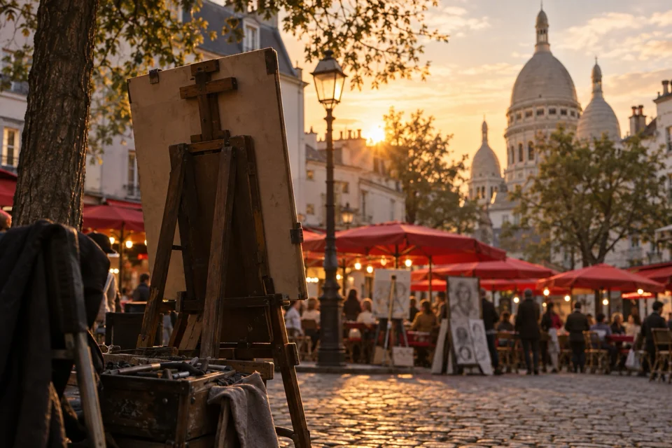 Half-finished portrait on a street artist's easel in Place du Tertre, Montmartre