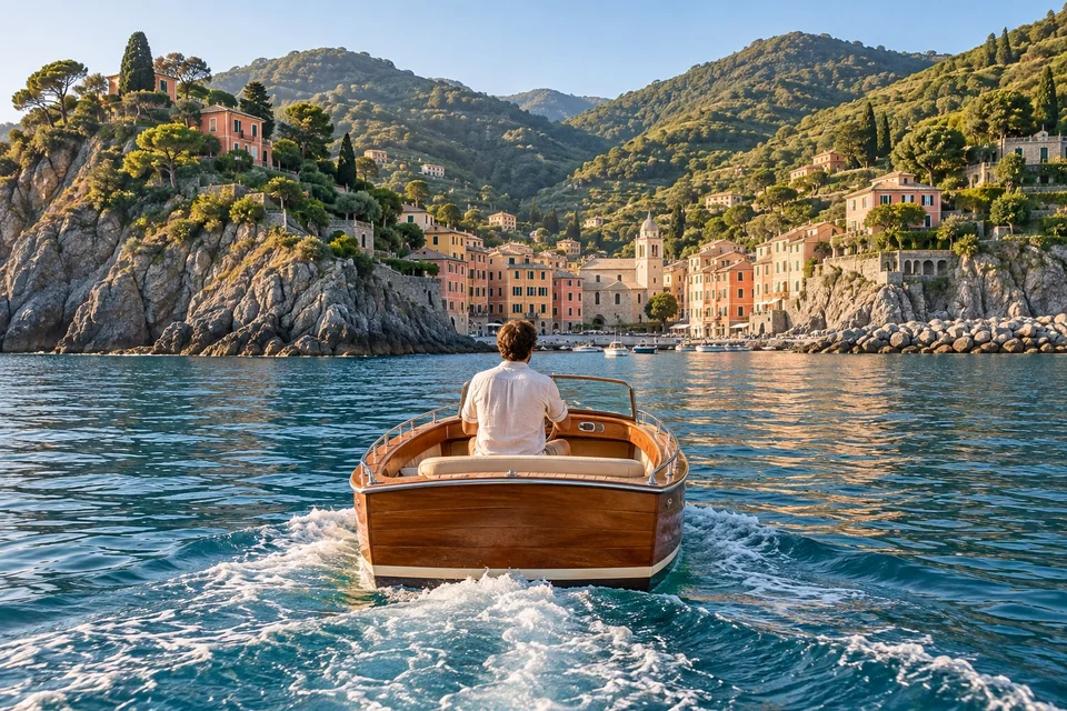 Wooden boat along a rocky coast with a pastel harbour village; visualisation