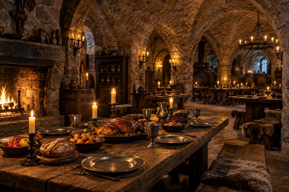 A candle-lit medieval tavern table set in a vaulted stone cellar in Prague