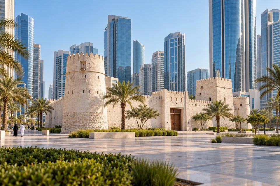 Whitewashed coral stone fort on a city plaza with modern towers behind; visualisation
