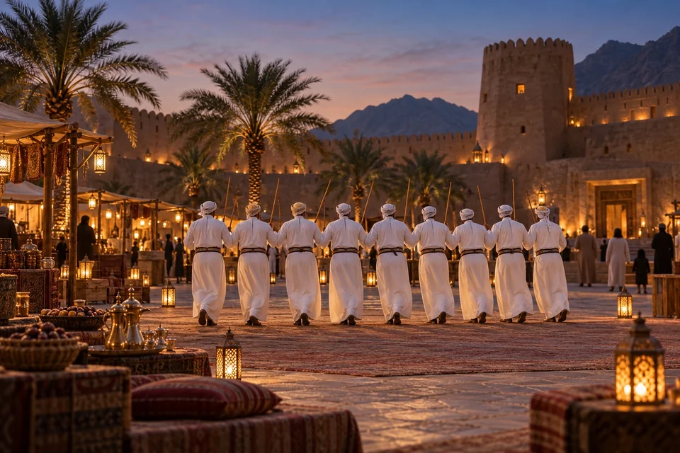 Traditional line dance in a fort courtyard at a heritage festival; visualisation