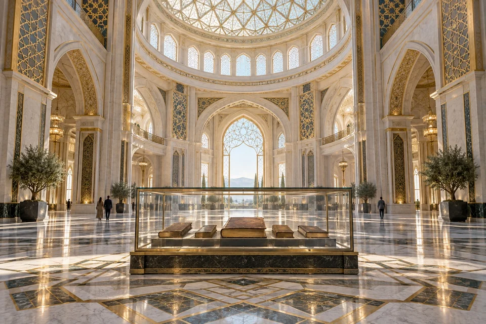 Grand white and gold palace hall with manuscripts in a glass case; visualisation