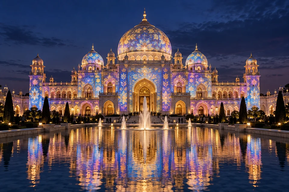 White domed palace facade with a projected light show at night; visualisation