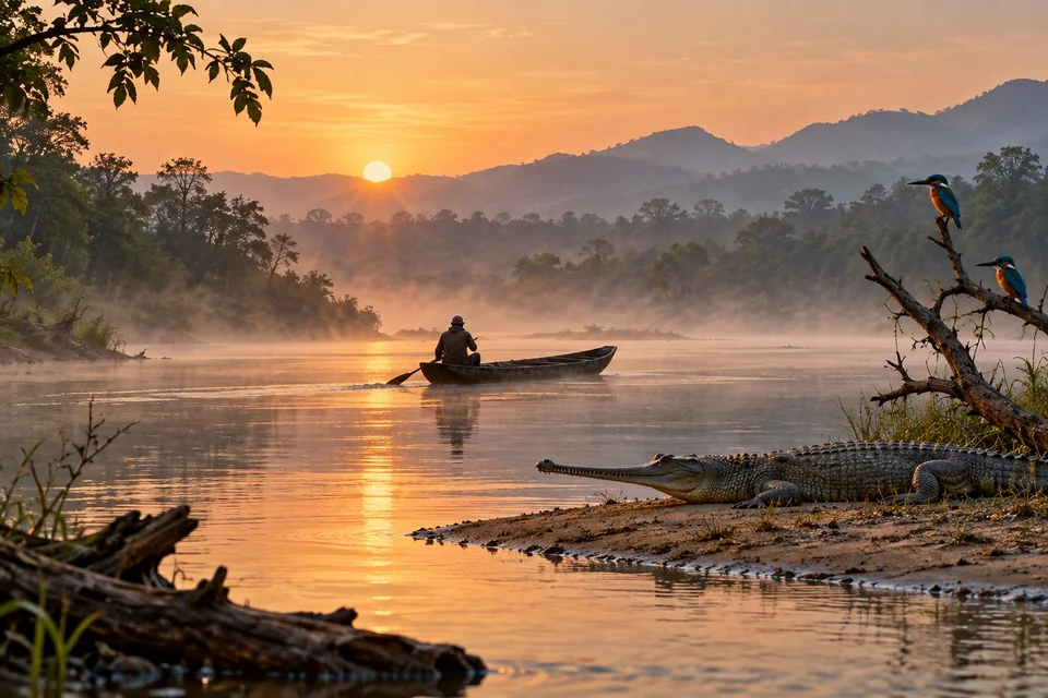 Dugout canoe on a misty river with a crocodile on a sandbank; visualisation