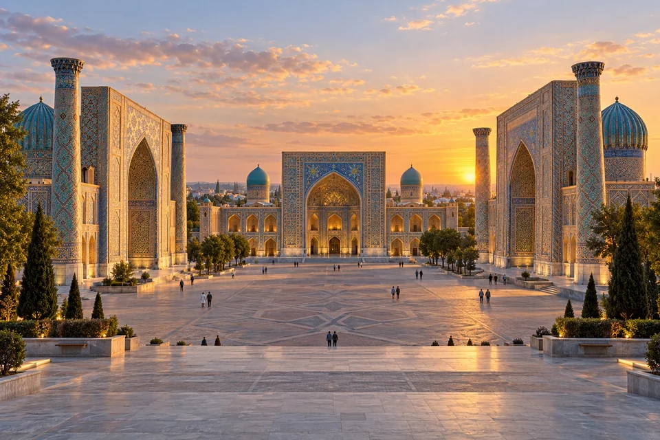 Square framed by three monumental tiled madrassas; visualisation