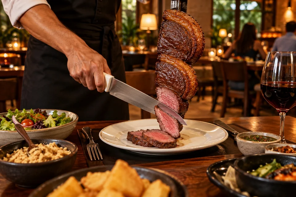 Grilled picanha carved from a skewer onto a plate; visualisation