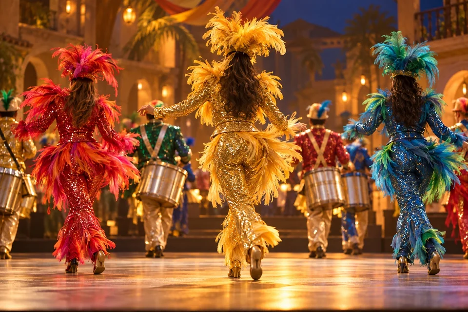 Samba dancers in feathered costumes on a warm-lit stage; visualisation