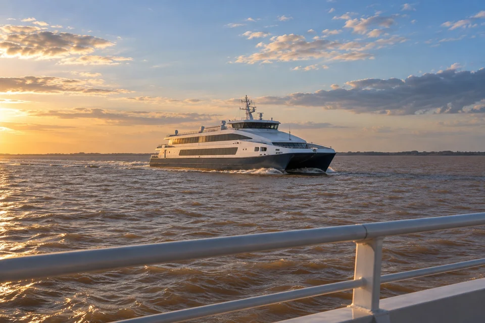 Ferry crossing a wide brown estuary; visualisation