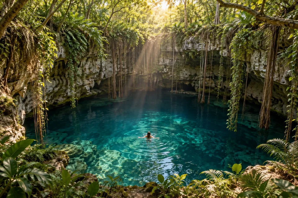 Limestone cenote with vines and sunbeams into turquoise water; visualisation