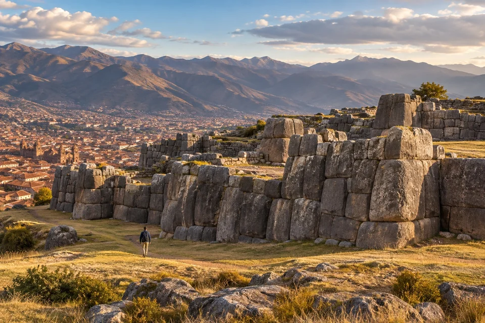 Giant zigzag megalithic walls above a red-roofed city; visualisation