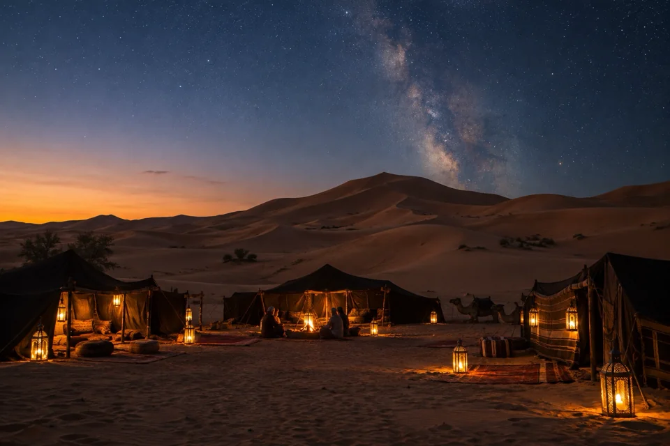 Lanterns at a Sahara Desert camp and the Milky Way rising above the dunes