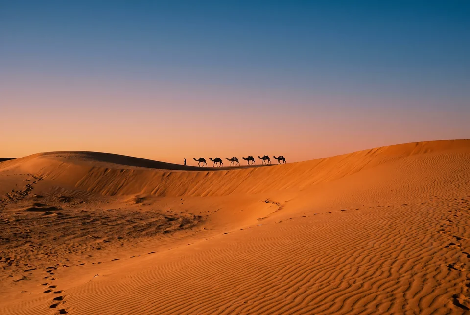 Orange dunes and a camel caravan on the horizon at Merzouga, visualization